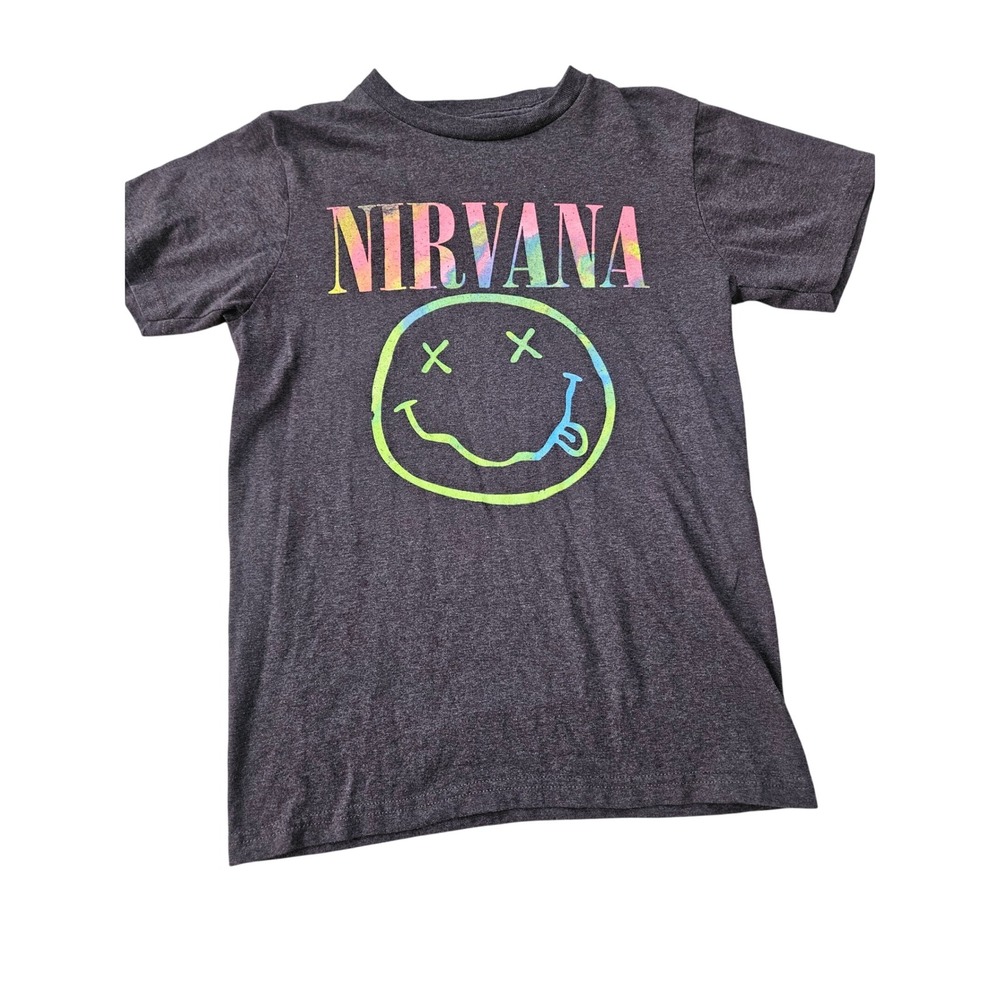 Nirvana T-Shirt Unisex Small Charcoal Grey Excellent Tie Dye Smiley Face Logo